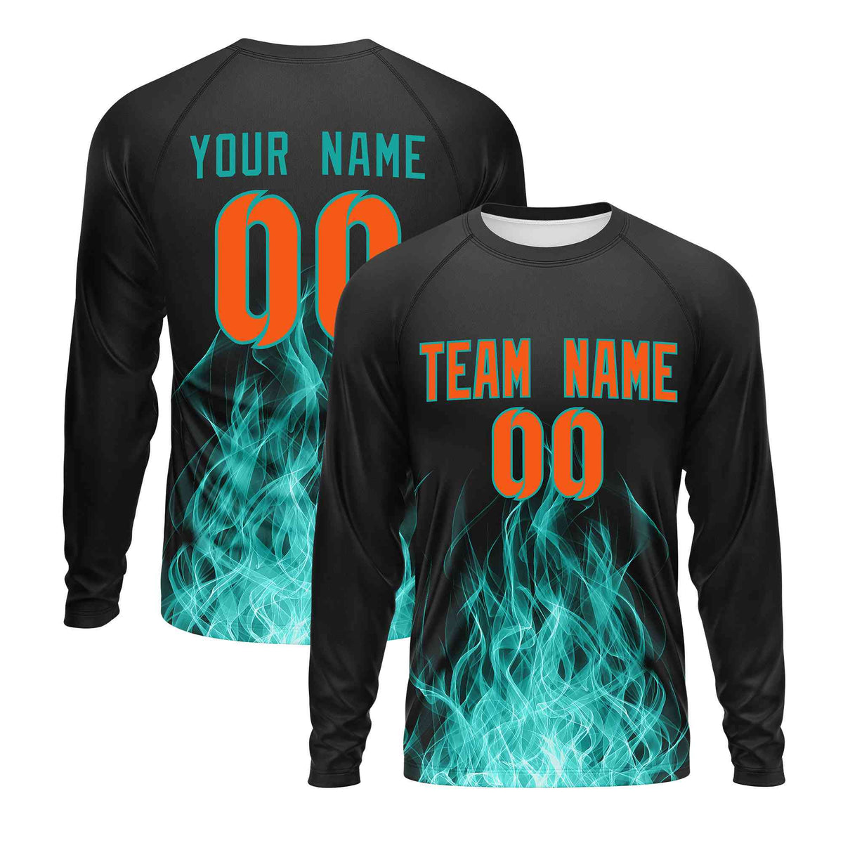 Custom Black Aqua Colorful Flame Pattern Long Sleeve Performance T-Shirt