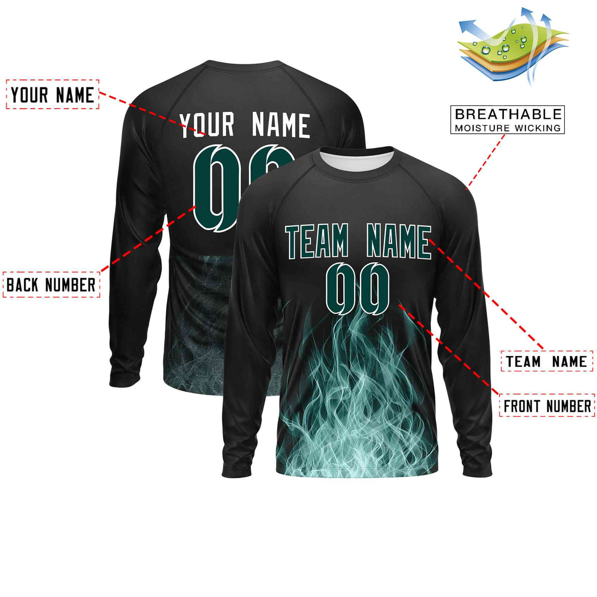 Custom Black Midnight Green Colorful Flame Pattern Long Sleeve Performance T-Shirt