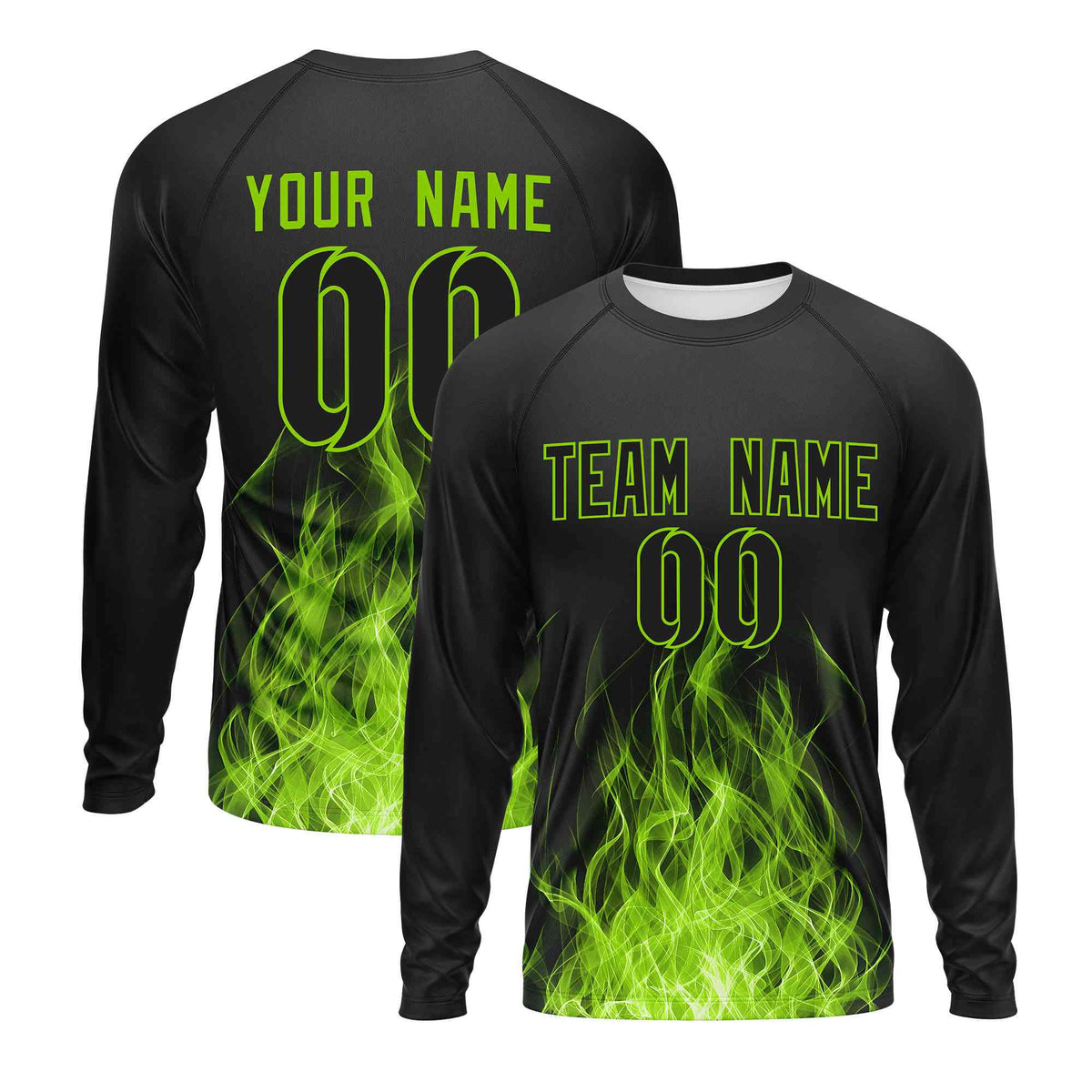 Custom Black Neon Green Colorful Flame Pattern Long Sleeve Performance T-Shirt