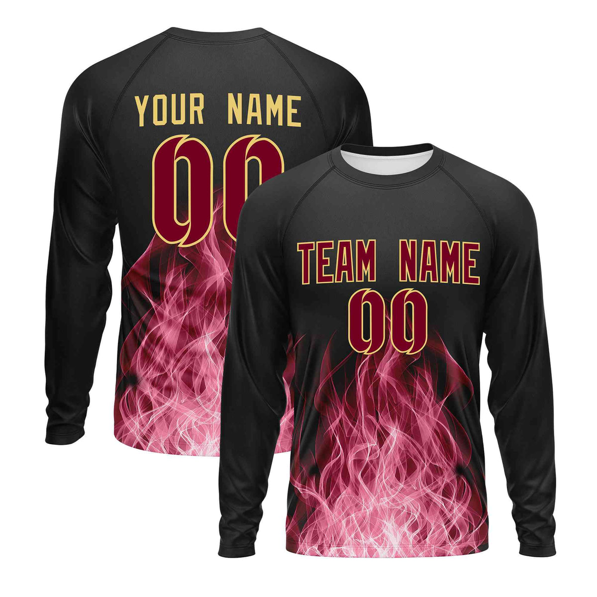 Custom Black Crimson Colorful Flame Pattern Long Sleeve Performance T-Shirt