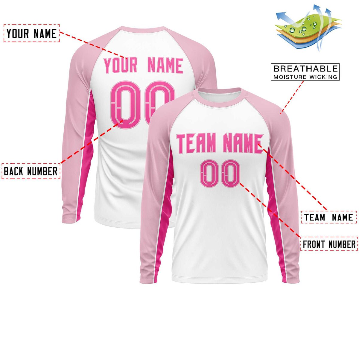 Custom White Light Pink Crew Neck Raglan Long Sleeve Performance T-Shirt
