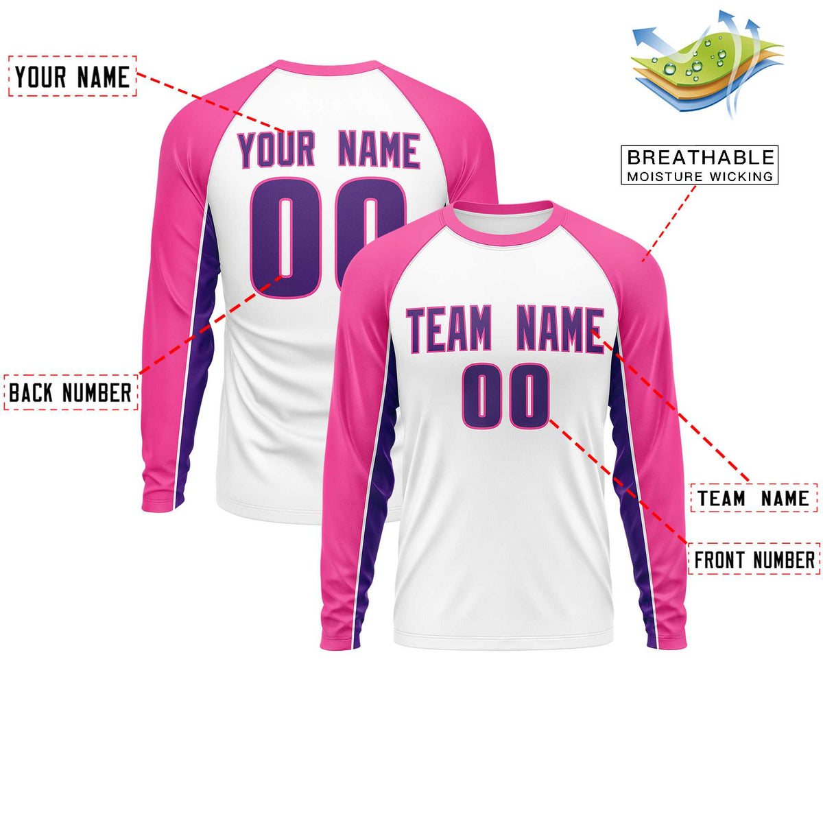 Custom White Pink Crew Neck Raglan Long Sleeve Performance T-Shirt