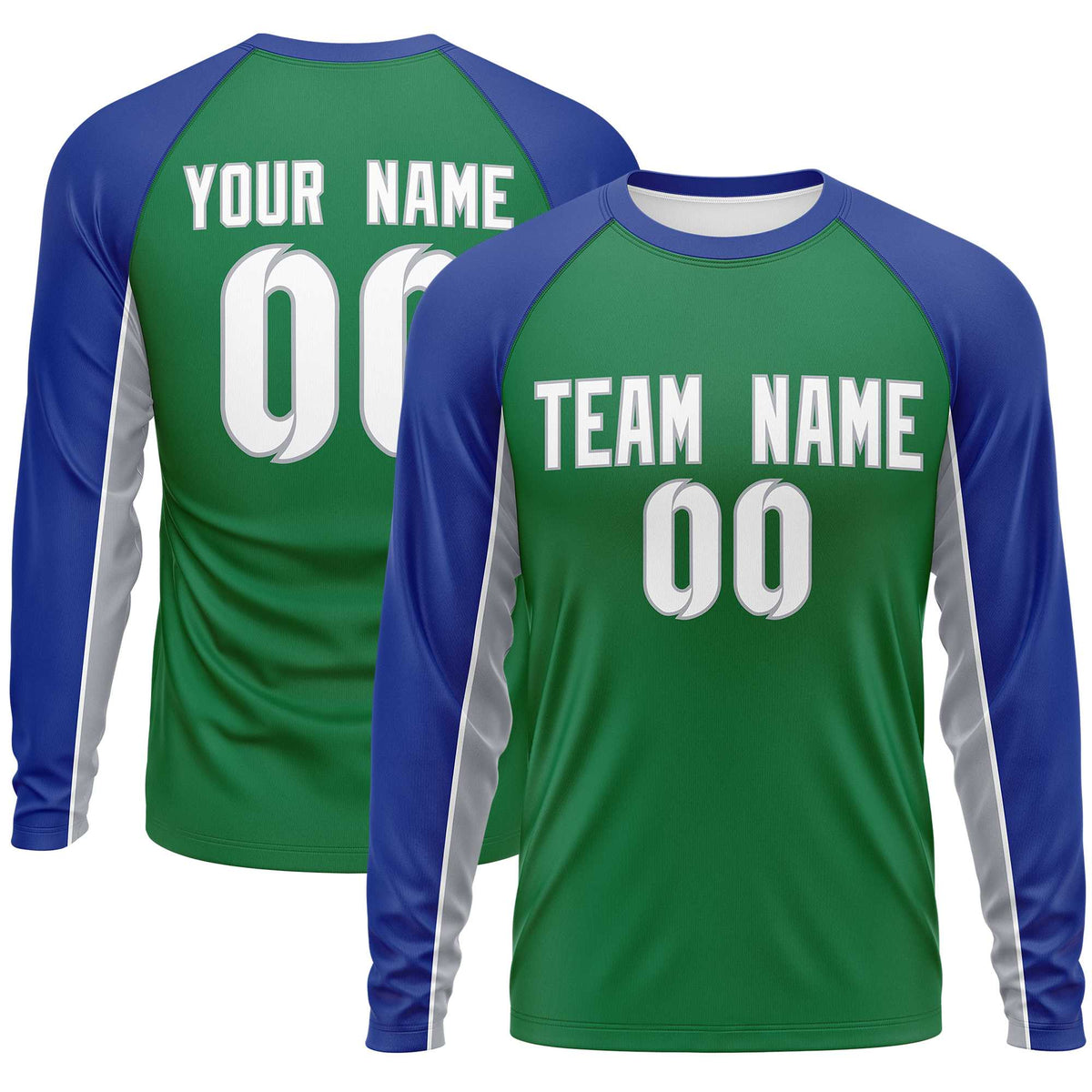 Custom Kelly Green Royal Crew Neck Raglan Long Sleeve Performance T-Shirt