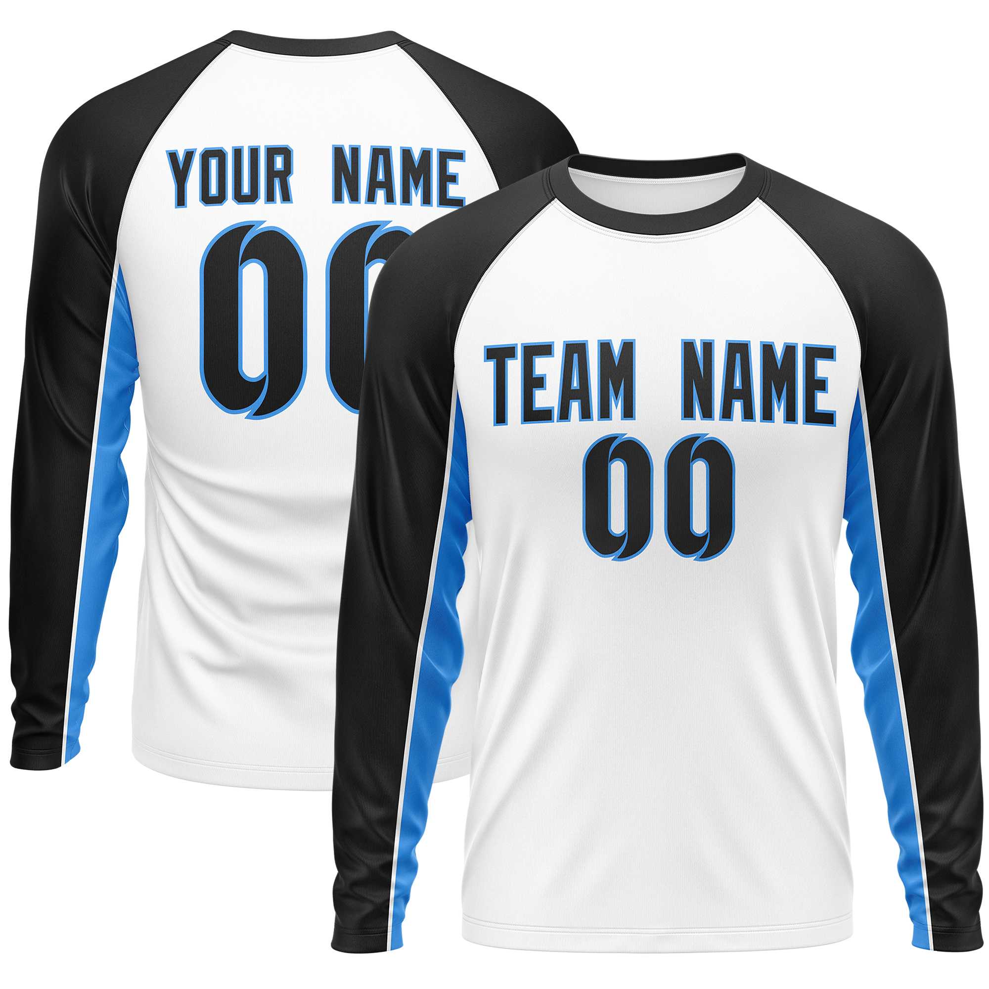 Custom White Black Crew Neck Raglan Long Sleeve Performance T-Shirt