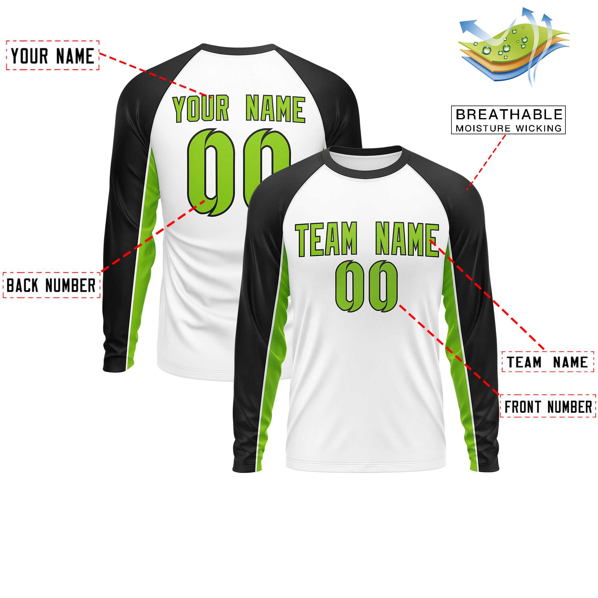 Custom White Black Crew Neck Raglan Long Sleeve Performance T-Shirt