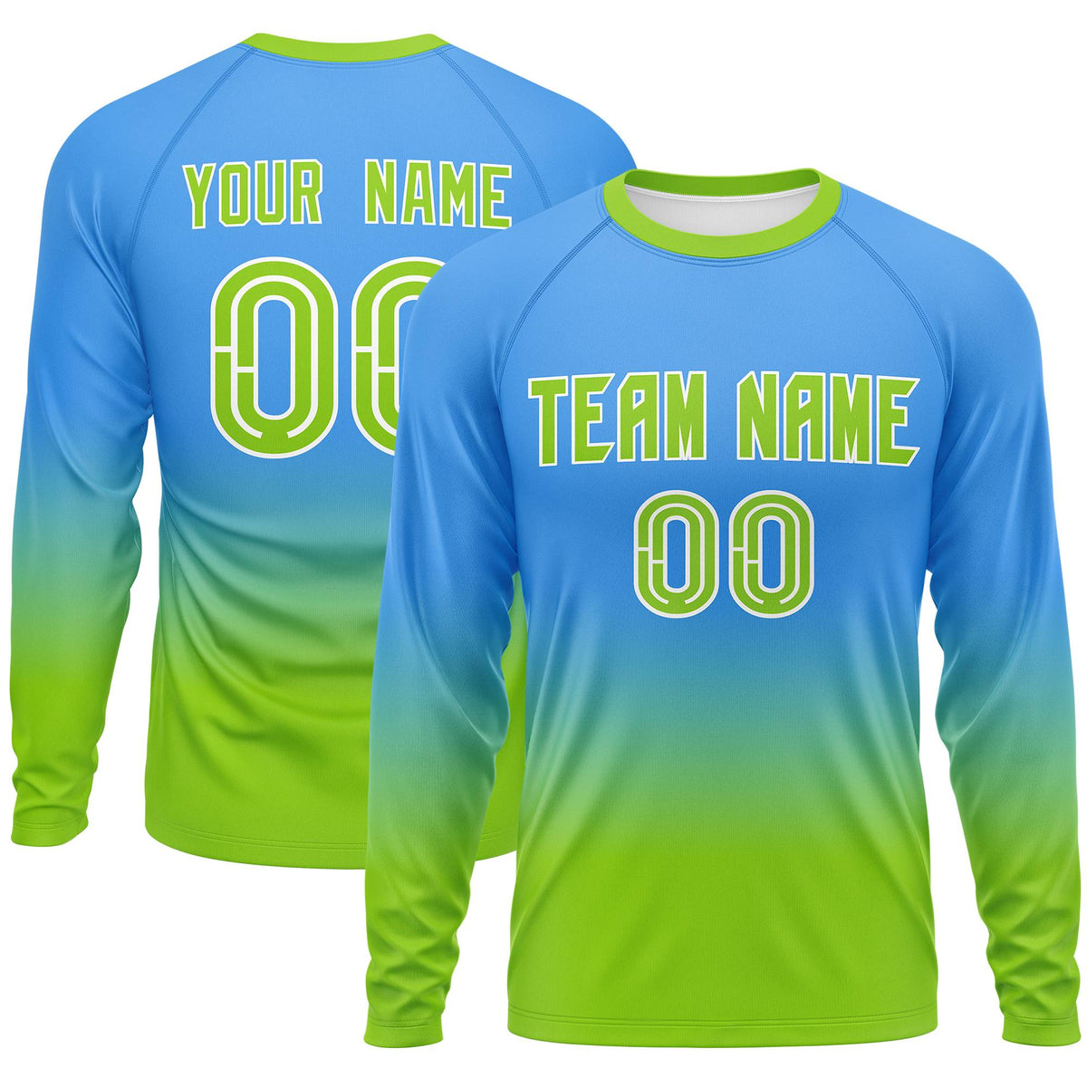 Custom Powder Blue-Neon Green Gradient Fashion Design Long Sleeve Performance T-Shirt