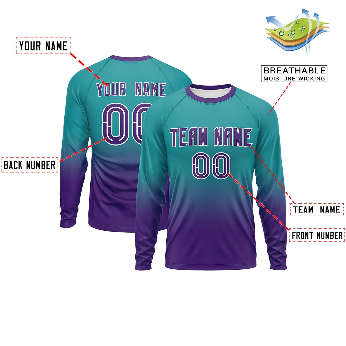 Custom Aqua-Purple Gradient Fashion Design Long Sleeve Performance T-Shirt