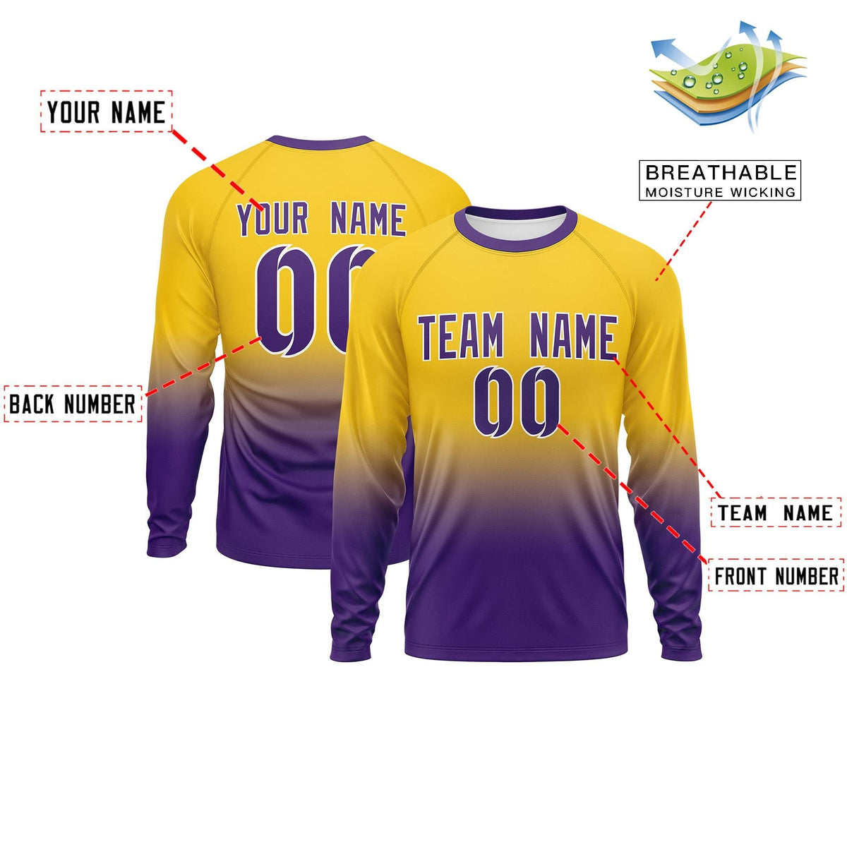Custom Gold-Purple Gradient Fashion Design Long Sleeve Performance T-Shirt