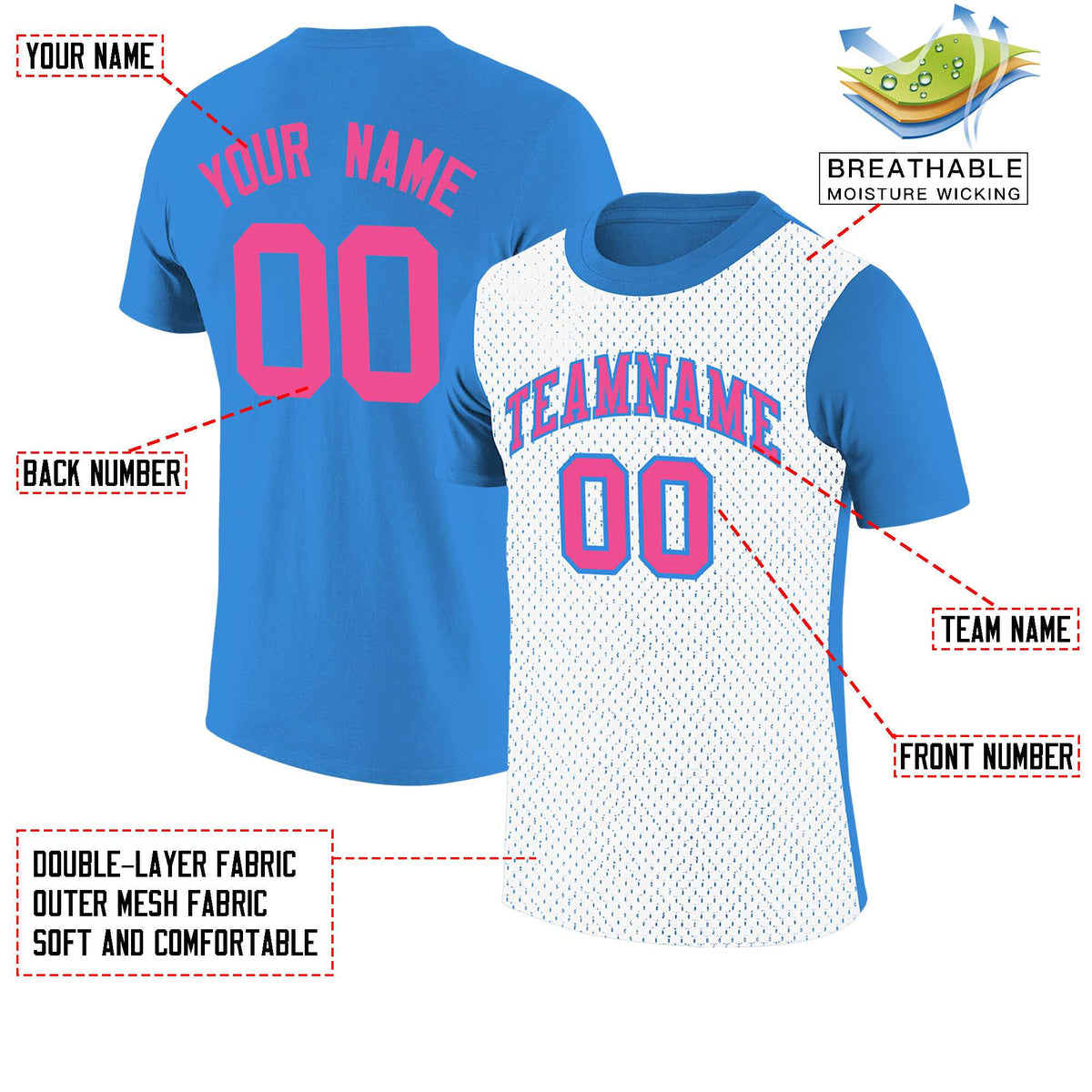 Custom Light Blue White Mesh Two Tone T-Shirt