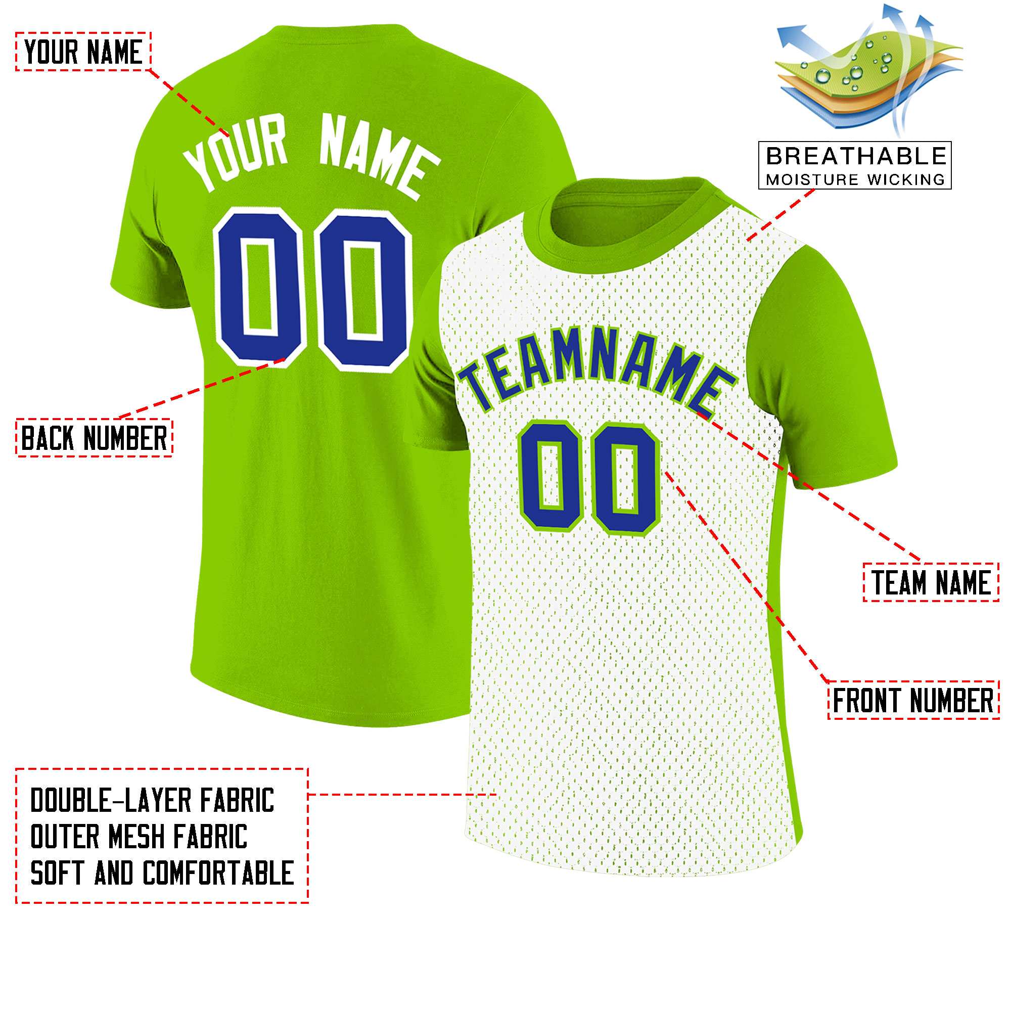 Custom Neon Green White Mesh Two Tone T-Shirt