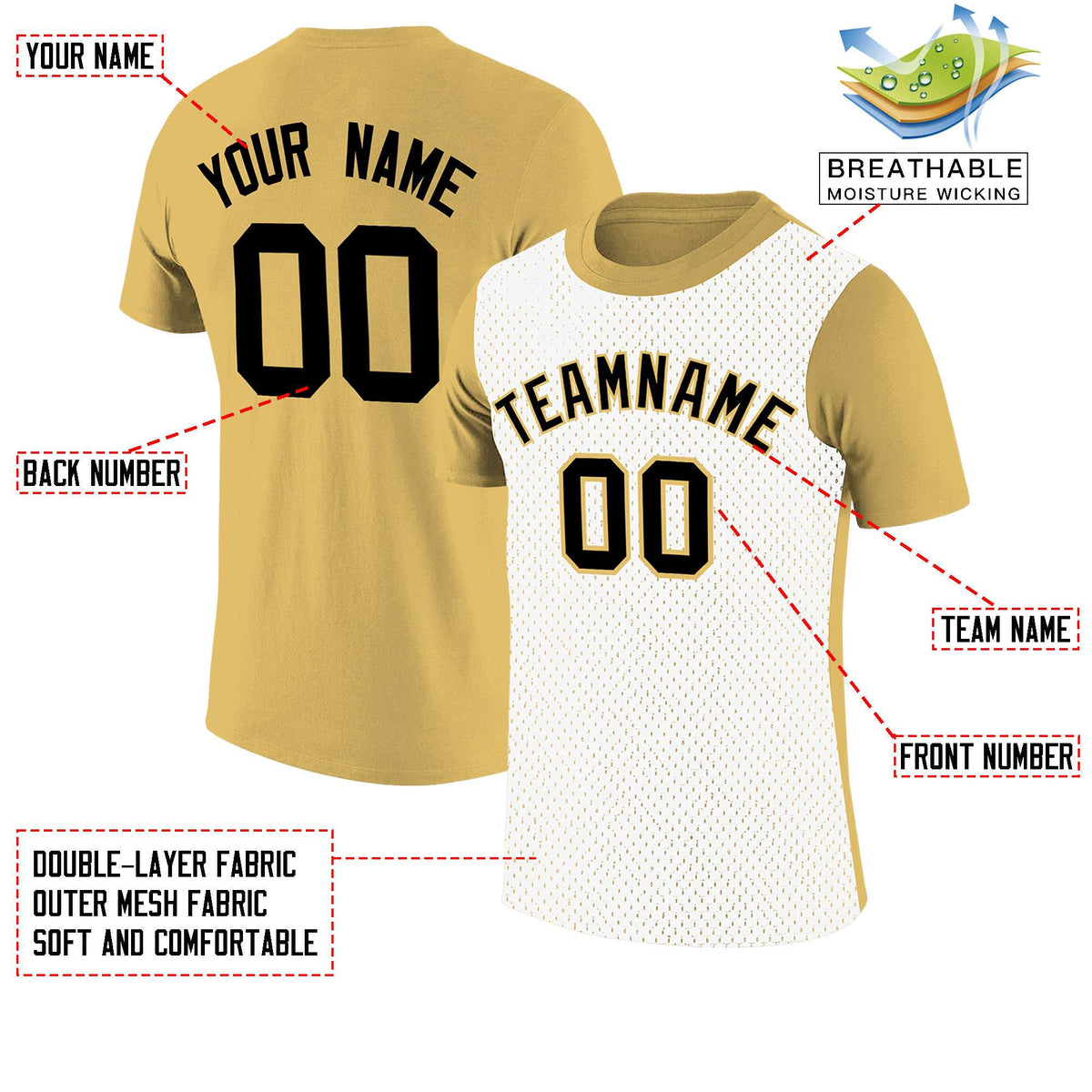 Custom Old Gold White Mesh Two Tone T-Shirt