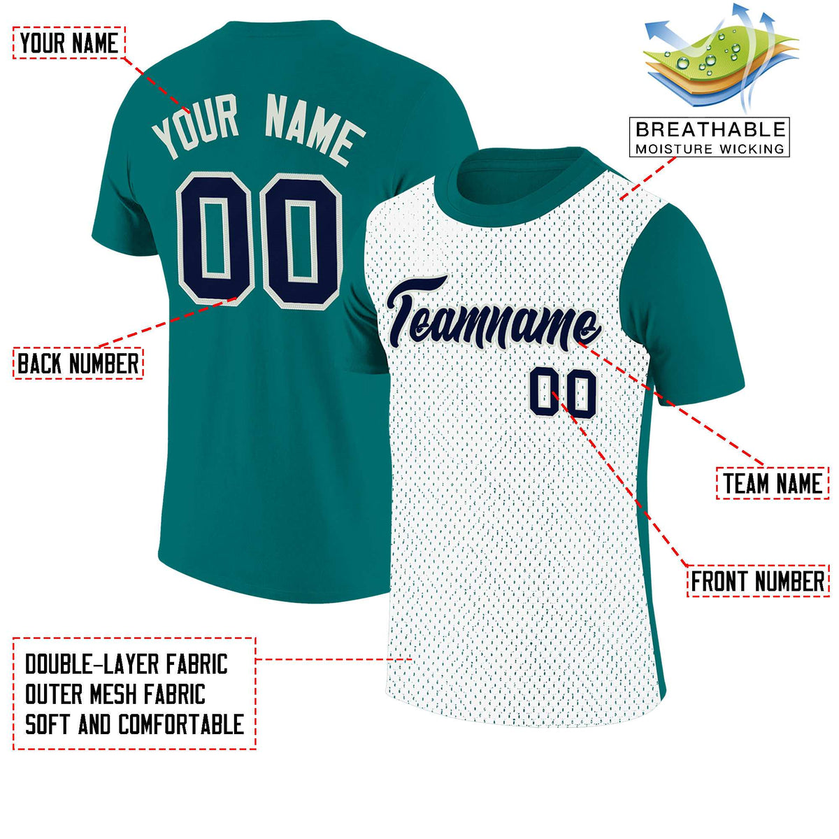 Custom Teal White Mesh Two Tone T-Shirt
