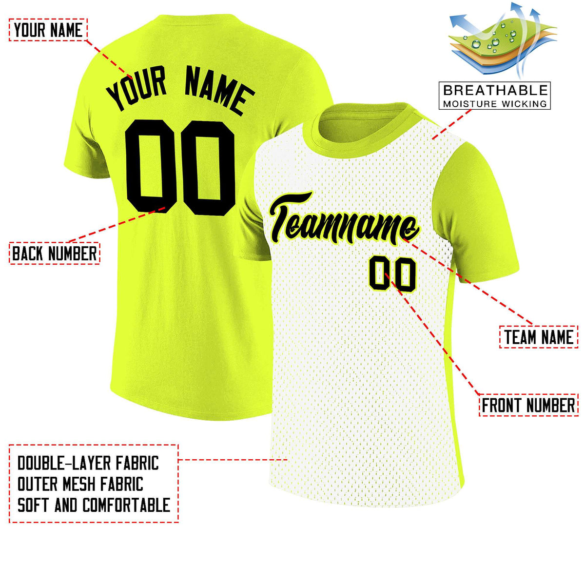 Custom Fluorescent Green White Mesh Two Tone T-Shirt