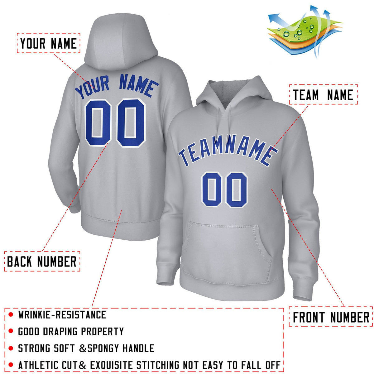 Custom Stitched Gray Royal White Classic Style Hoodie Training Uniform