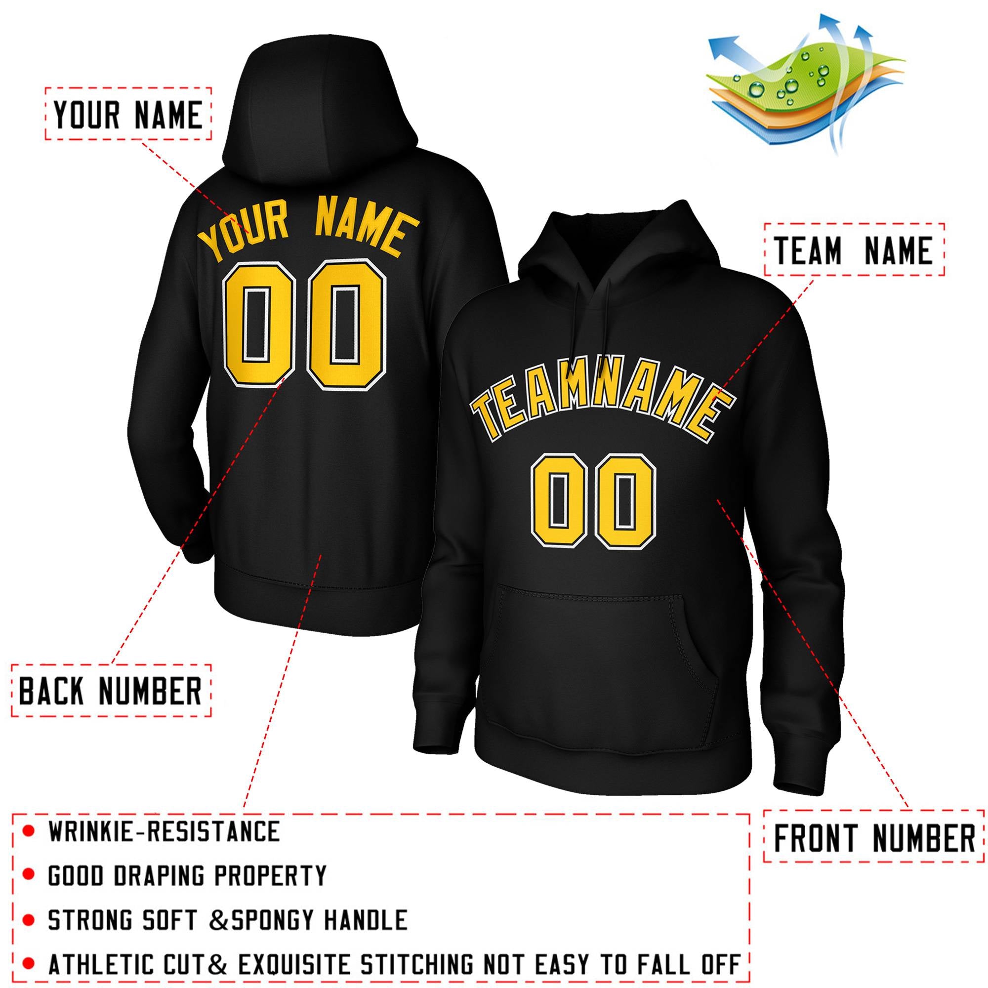 Custom Stitched Black Gold-White Classic Style Hoodie Training Uniform