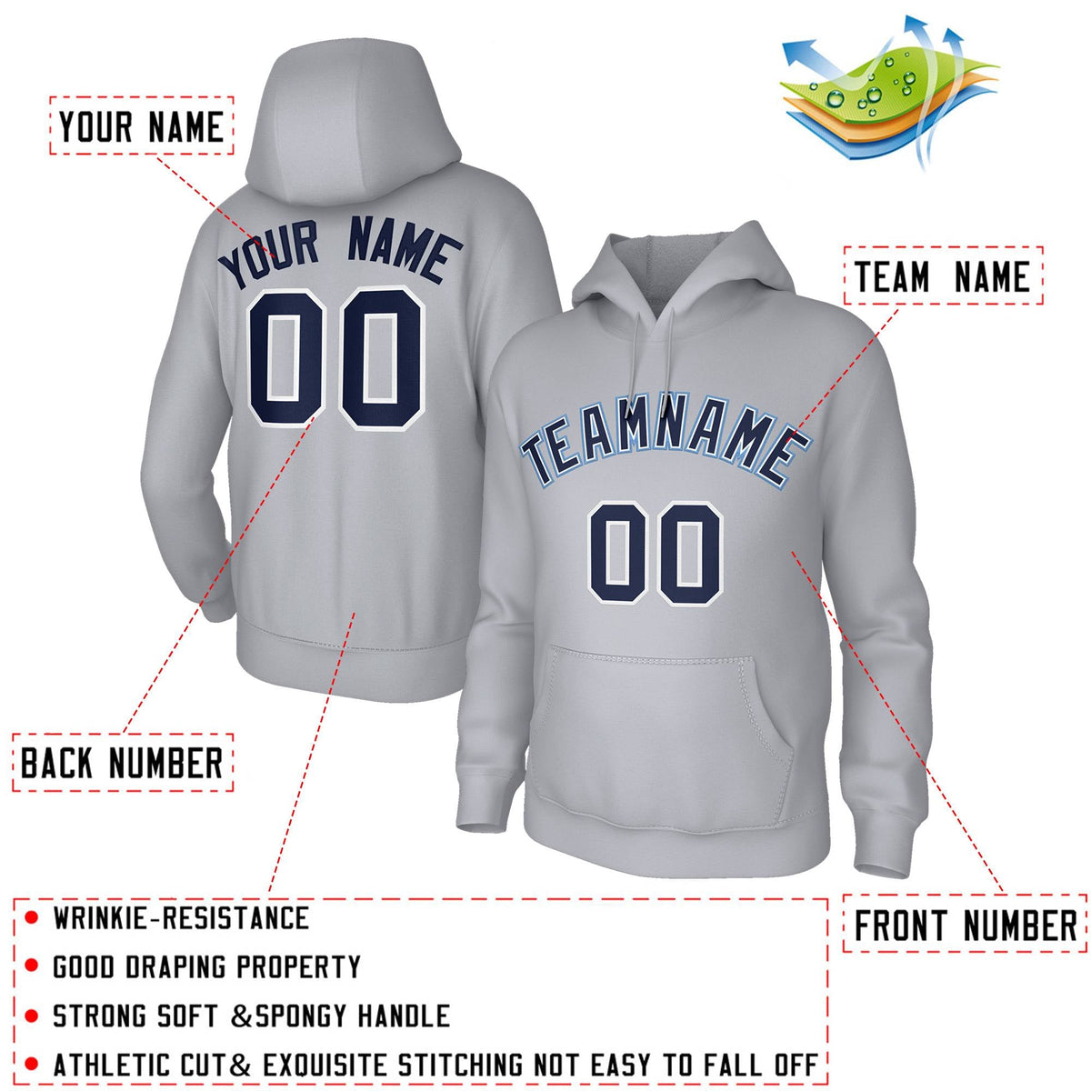 Custom Stitched Gray Navy-White Classic Style Hoodie Training Uniform