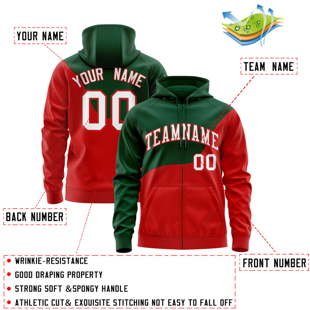 Custom Kelly Green Red Color Block Wave Boundary Full-Zip Hoodie