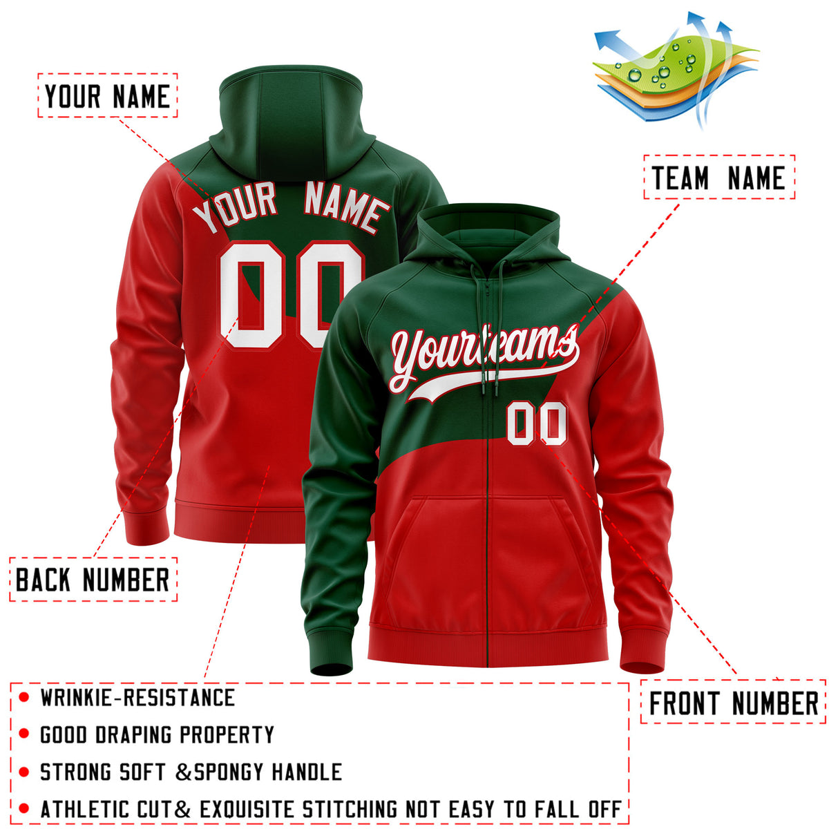 Custom Kelly Green Red Color Block Wave Boundary Full-Zip Hoodie