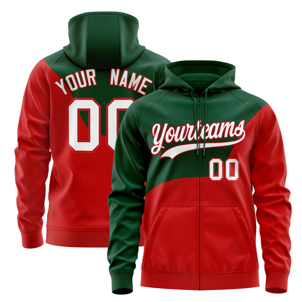 Custom Kelly Green Red Color Block Wave Boundary Full-Zip Hoodie