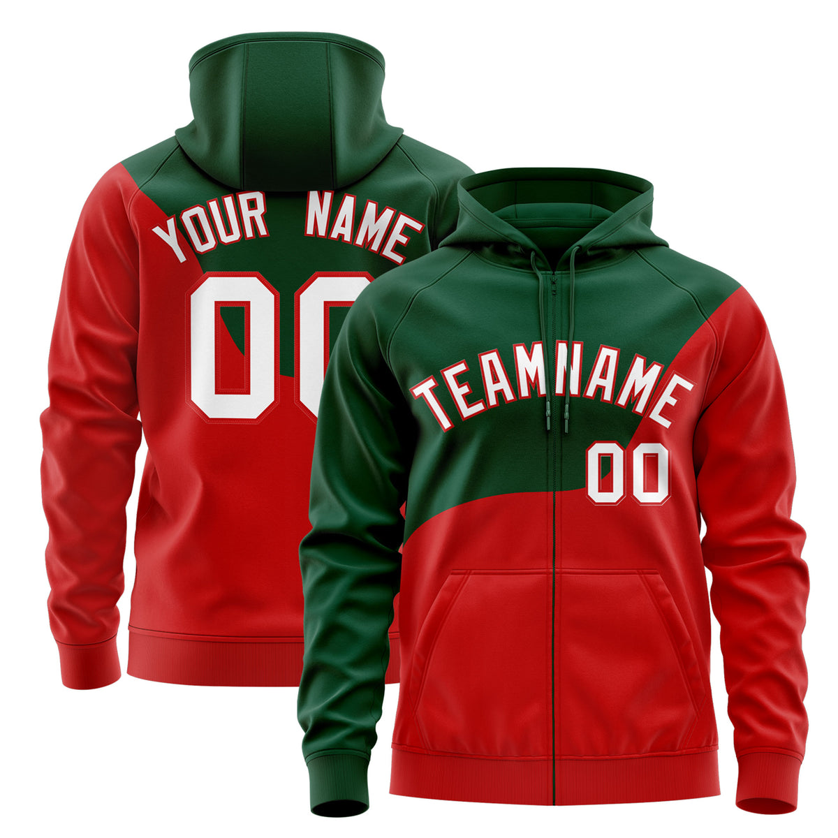 Custom Kelly Green Red Color Block Wave Boundary Full-Zip Hoodie