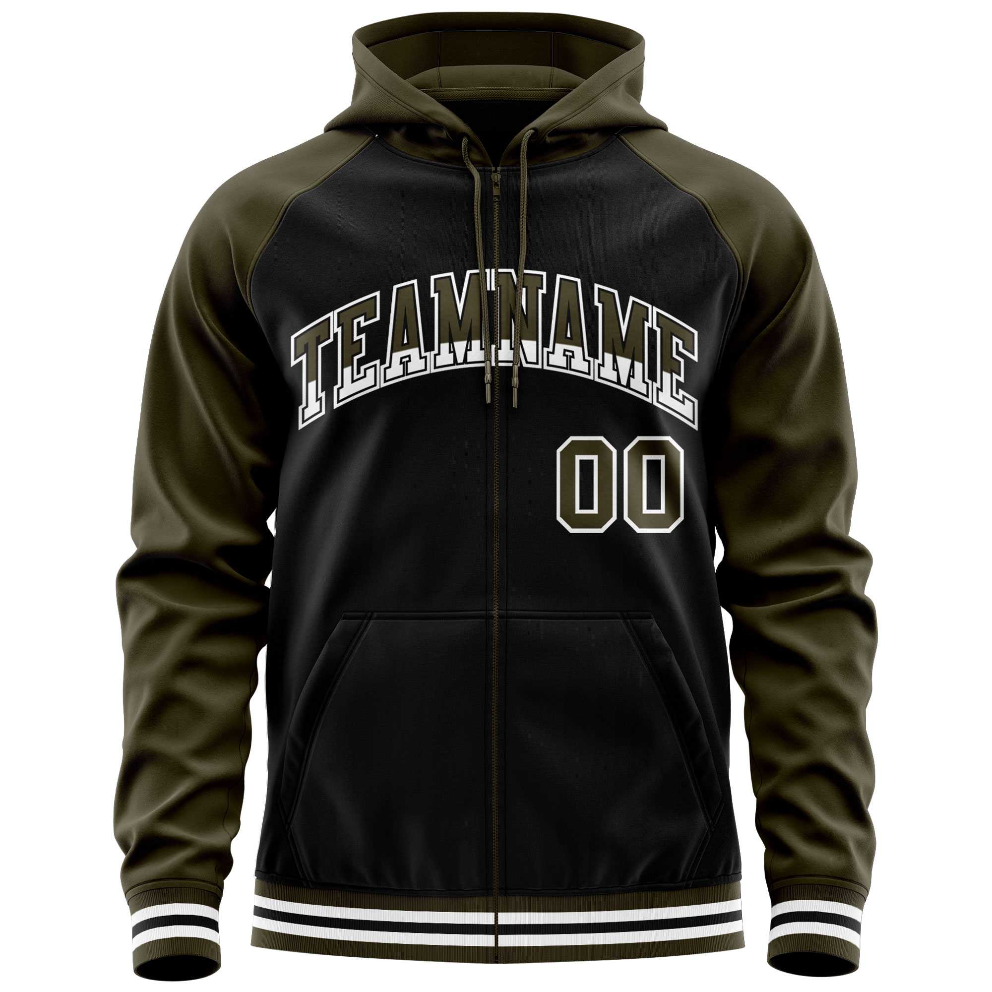 Custom Stitched Black Olive Raglan Sleeves Sports Full-Zip Sweatshirt Hoodie