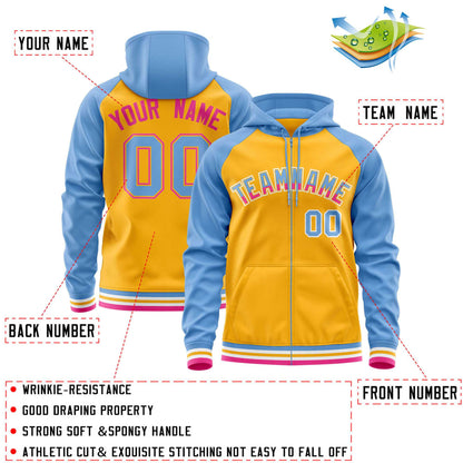 Custom Stitched Yellow Powder Blue Raglan Sleeves Sports Full-Zip Sweatshirt Hoodie