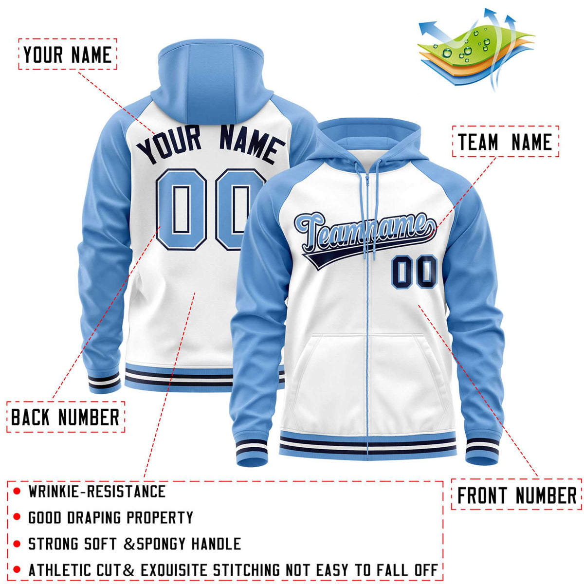 Custom Stitched White Powder Blue Raglan Sleeves Sports Full-Zip Sweatshirt Hoodie