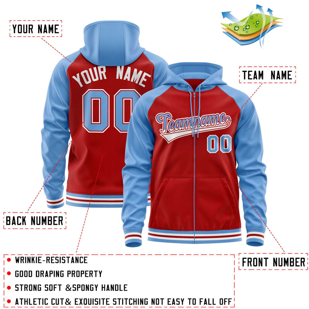 Custom Stitched Red Powder Blue Raglan Sleeves Sports Full-Zip Sweatshirt Hoodie