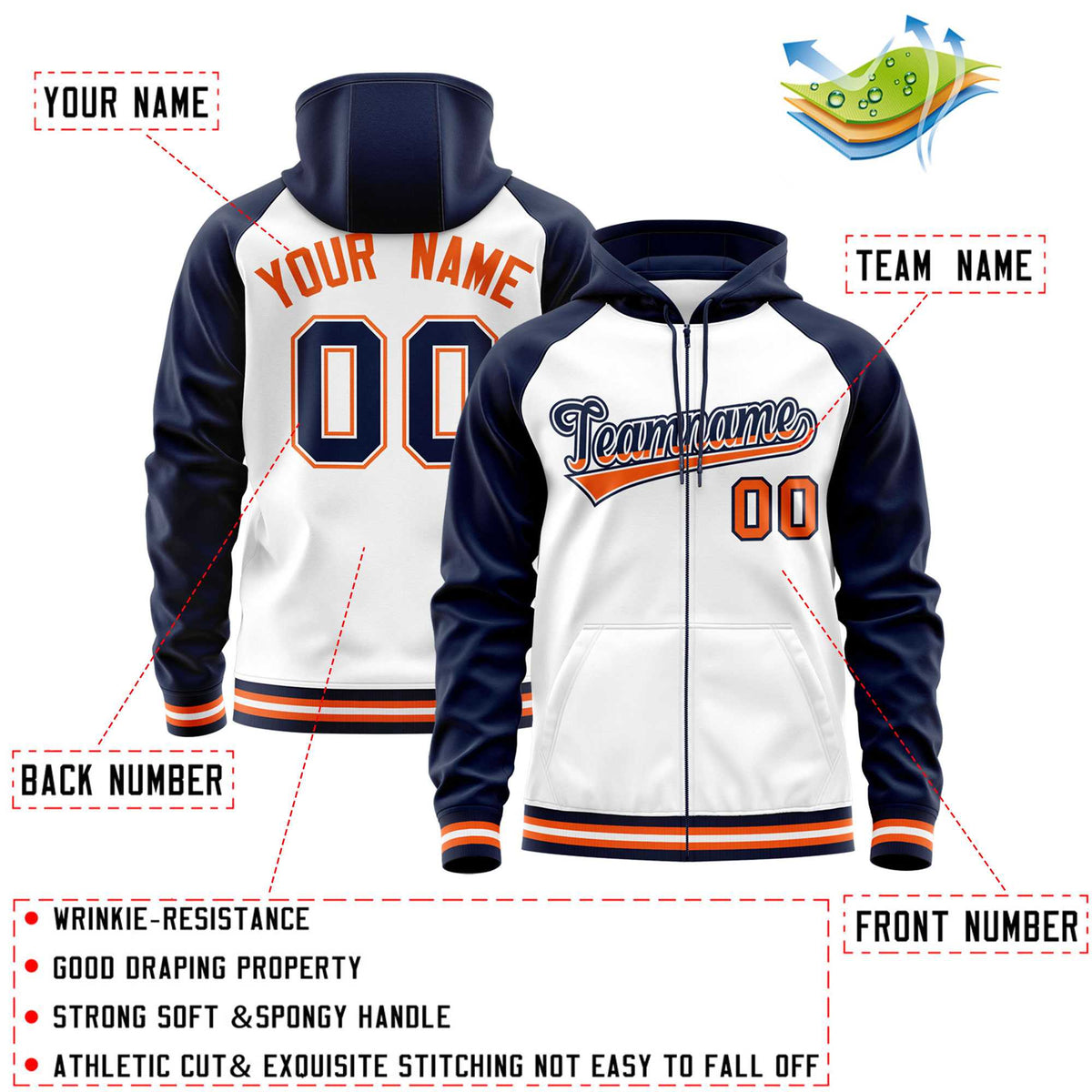 Custom Stitched White Navy Raglan Sleeves Sports Full-Zip Sweatshirt Hoodie