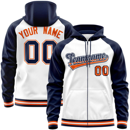 Custom Stitched White Navy Raglan Sleeves Sports Full-Zip Sweatshirt Hoodie