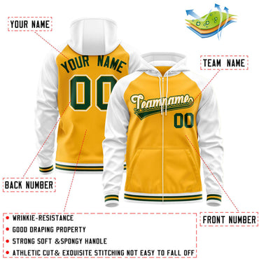 Custom Stitched Yellow White Raglan Sleeves Sports Full-Zip Sweatshirt Hoodie