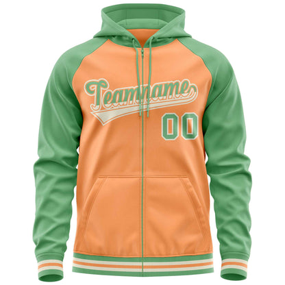 Custom Stitched Light Orange Green Raglan Sleeves Sports Full-Zip Sweatshirt Hoodie