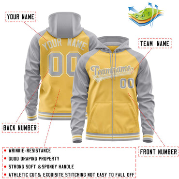 Custom Stitched Yellow Light Gray Raglan Sleeves Sports Full-Zip Sweatshirt Hoodie