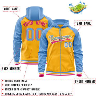 Custom Stitched Yellow Powder Blue Raglan Sleeves Sports Full-Zip Sweatshirt Hoodie