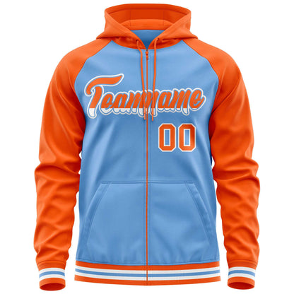 Custom Stitched Powder Blue Orange Raglan Sleeves Sports Full-Zip Sweatshirt Hoodie