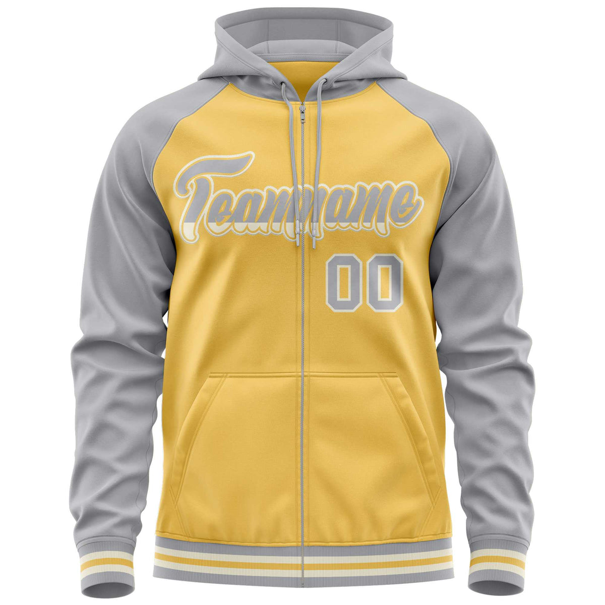 Custom Stitched Yellow Light Gray Raglan Sleeves Sports Full-Zip Sweatshirt Hoodie