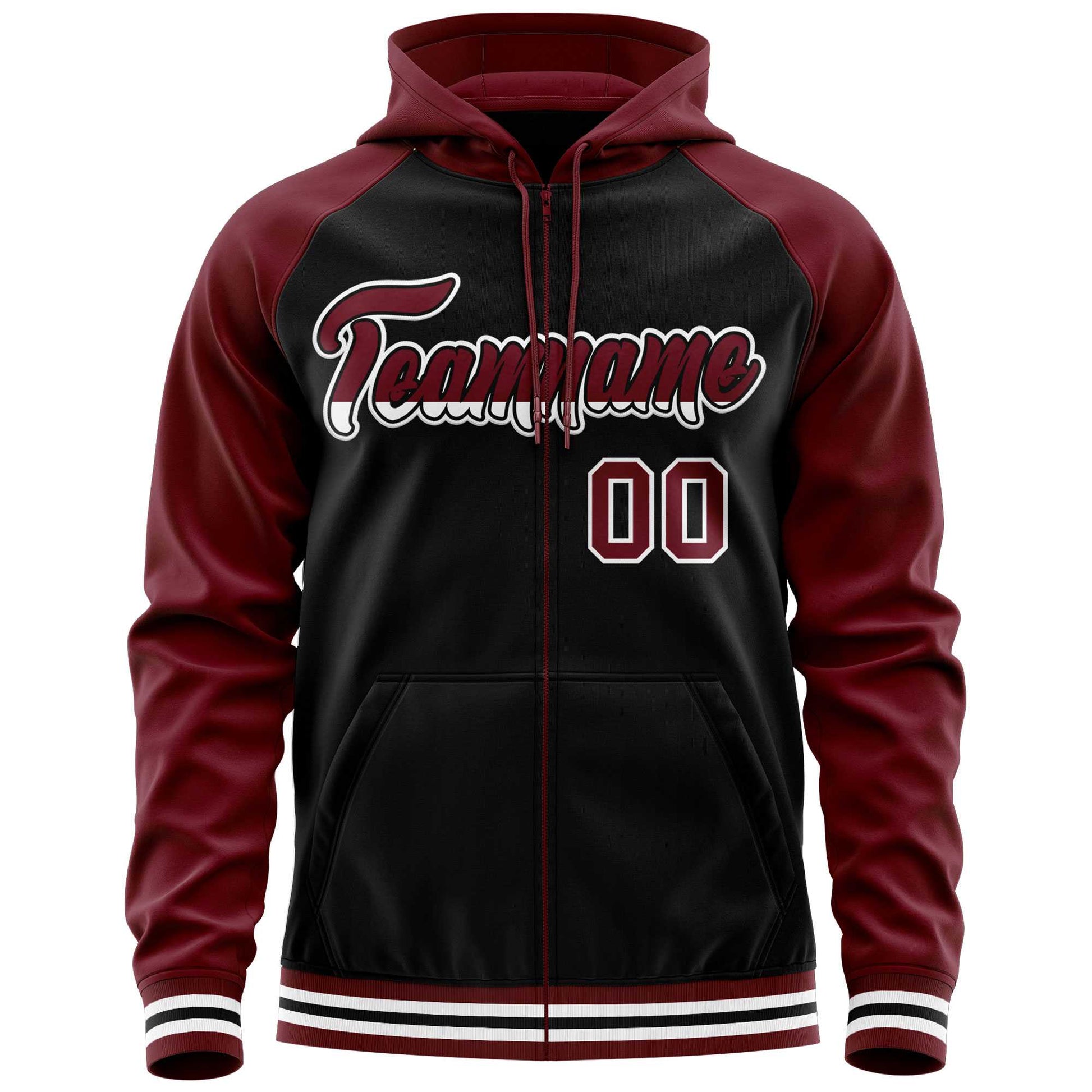 Custom Stitched Black Crimson Raglan Sleeves Sports Full-Zip Sweatshirt Hoodie