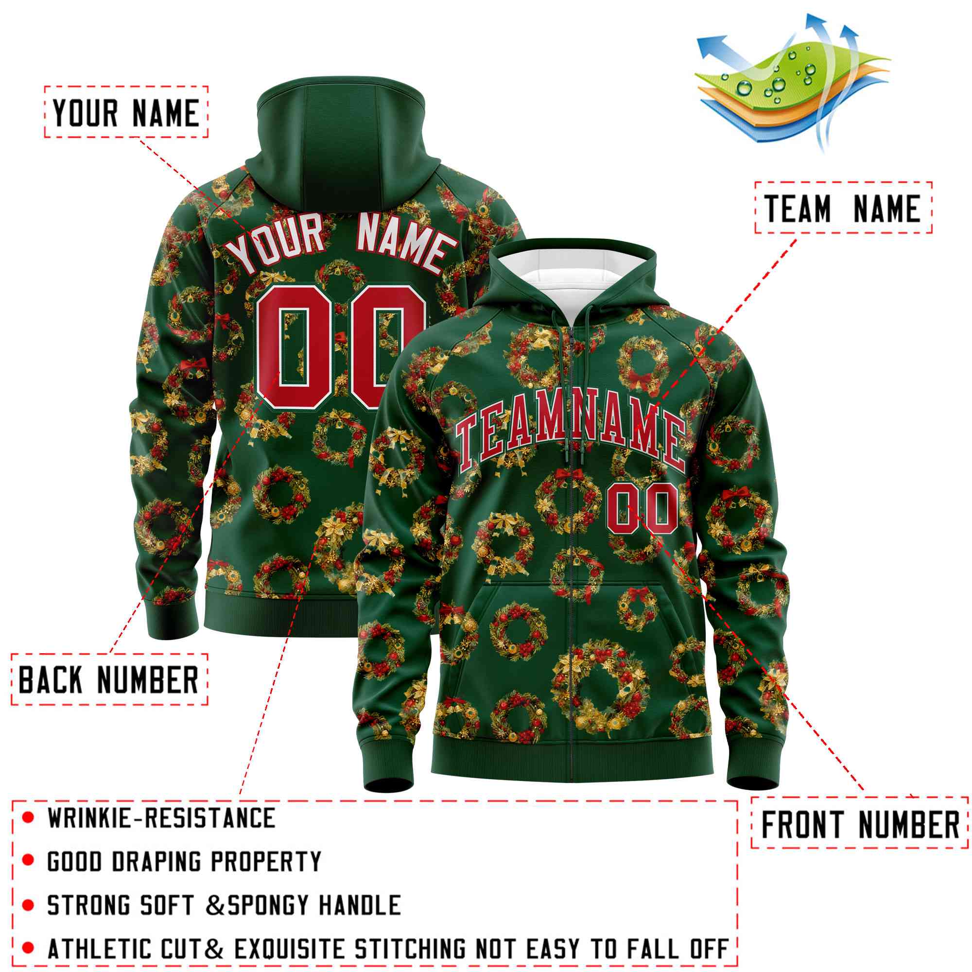 Custom Green Red Christmas Graffiti Pattern Athletic Full-Zip Hoodie