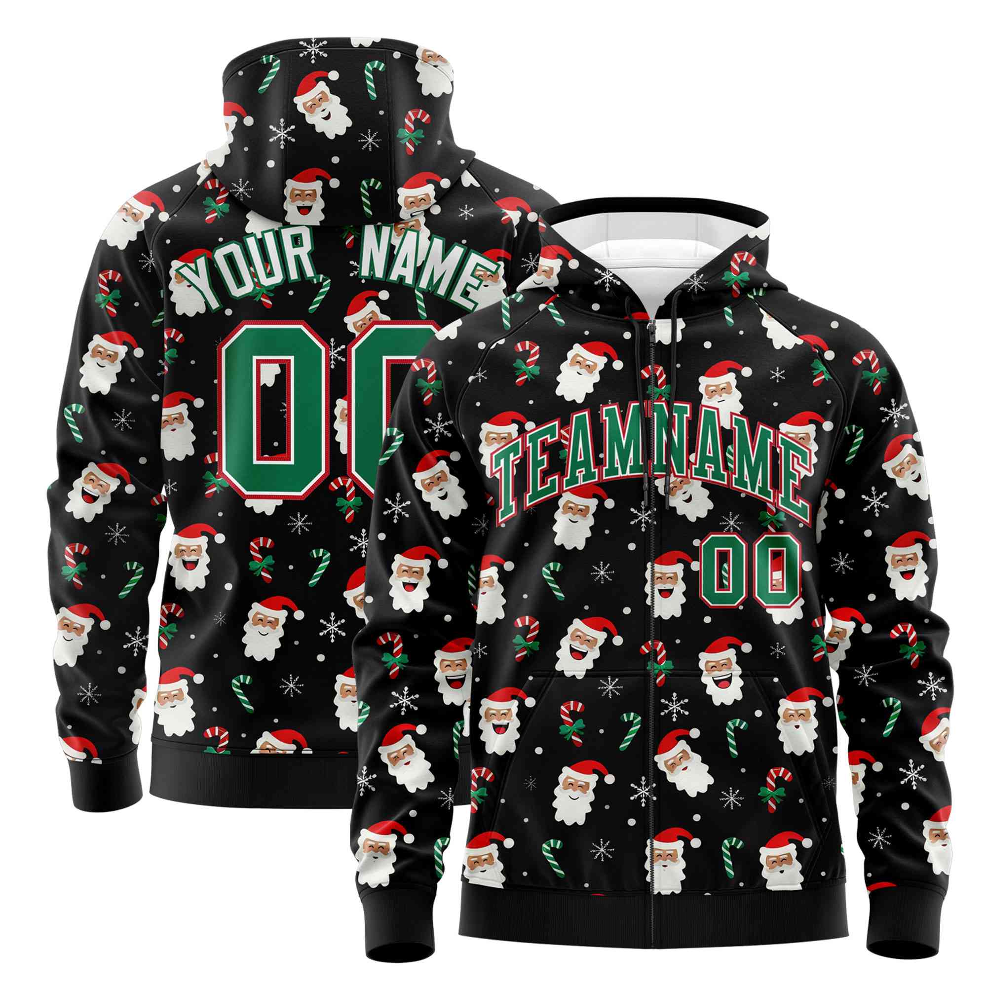 Custom Black Kelly Green Christmas Graffiti Pattern Athletic Full-Zip Hoodie