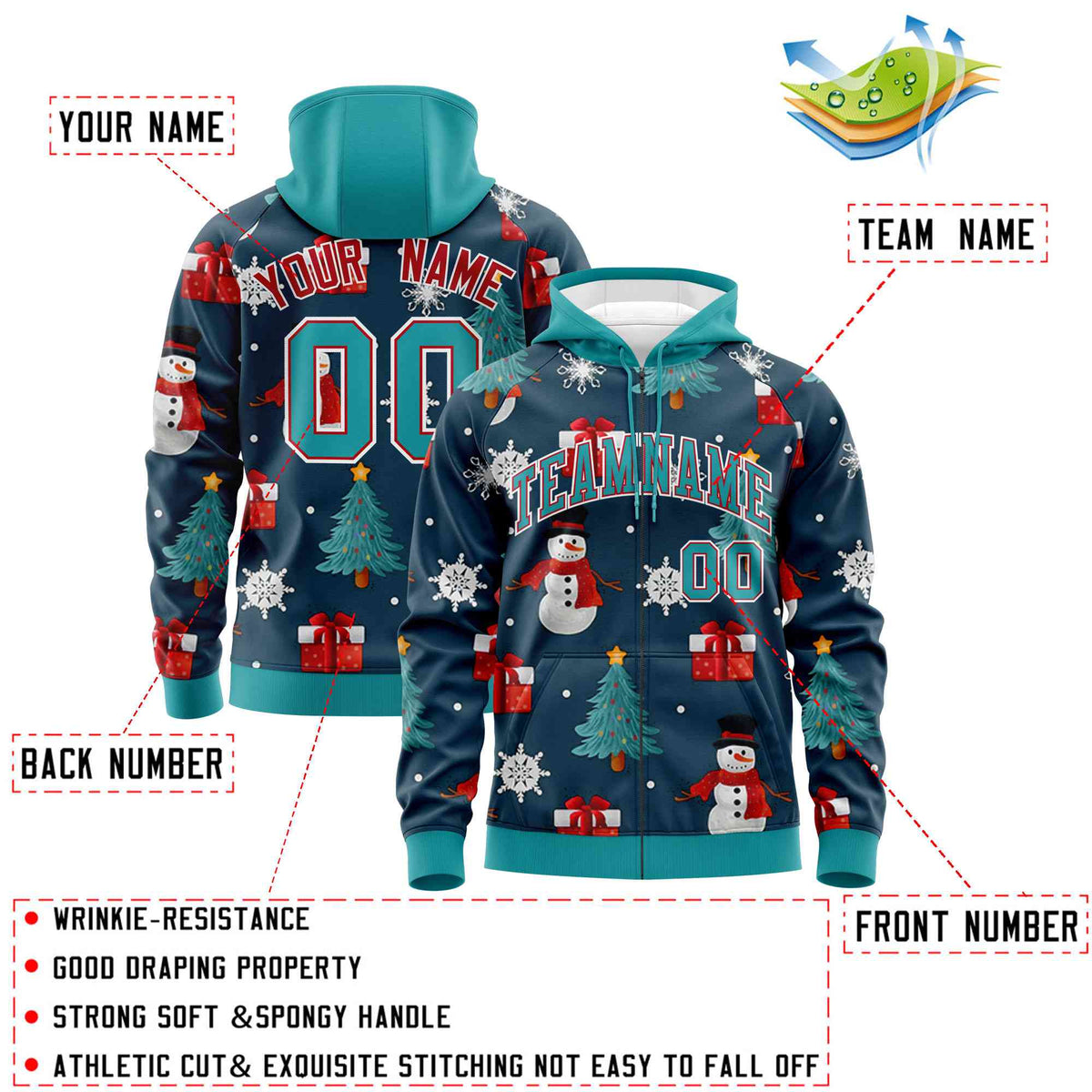 Custom Midnight Blue Aqua Christmas Graffiti Pattern Athletic Full-Zip Hoodie
