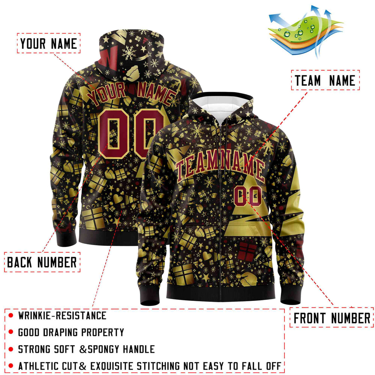 Custom Brown Crimson Christmas Graffiti Pattern Athletic Full-Zip Hoodie