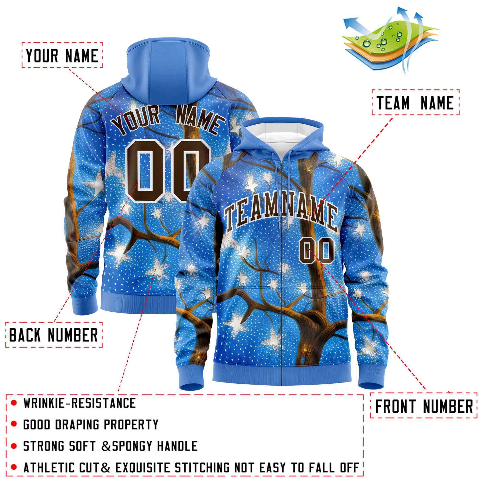 Custom Powder Blue Light Brown Christmas Graffiti Pattern Athletic Full-Zip Hoodie