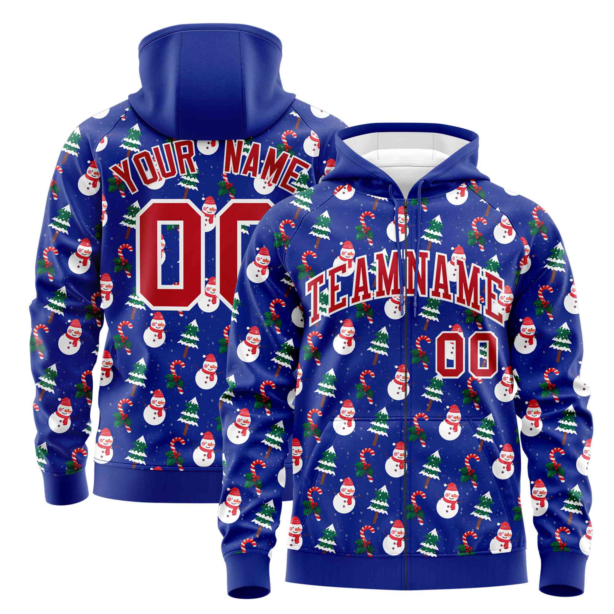 Custom Royal Blue Red Christmas Graffiti Pattern Athletic Full-Zip Hoodie