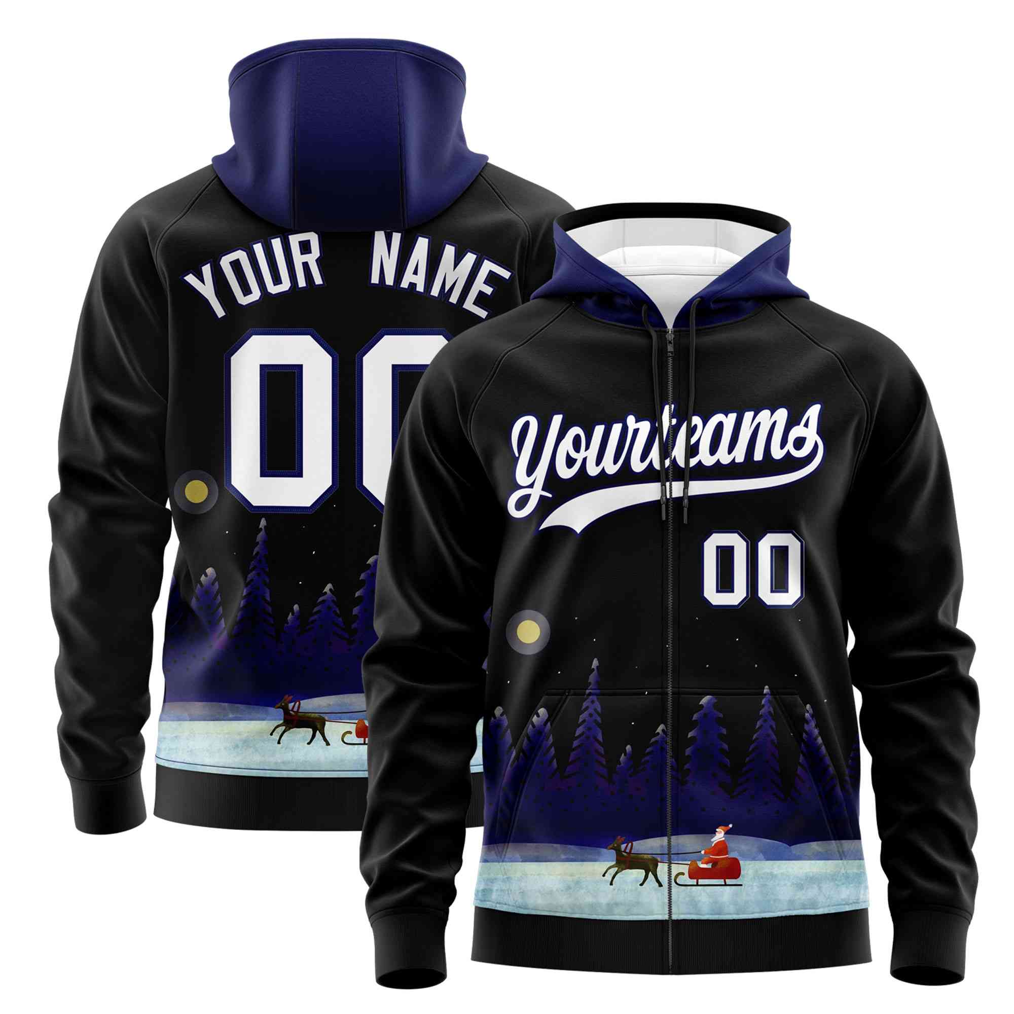 Custom Black Dark Blue Christmas Graffiti Pattern Athletic Full-Zip Hoodie