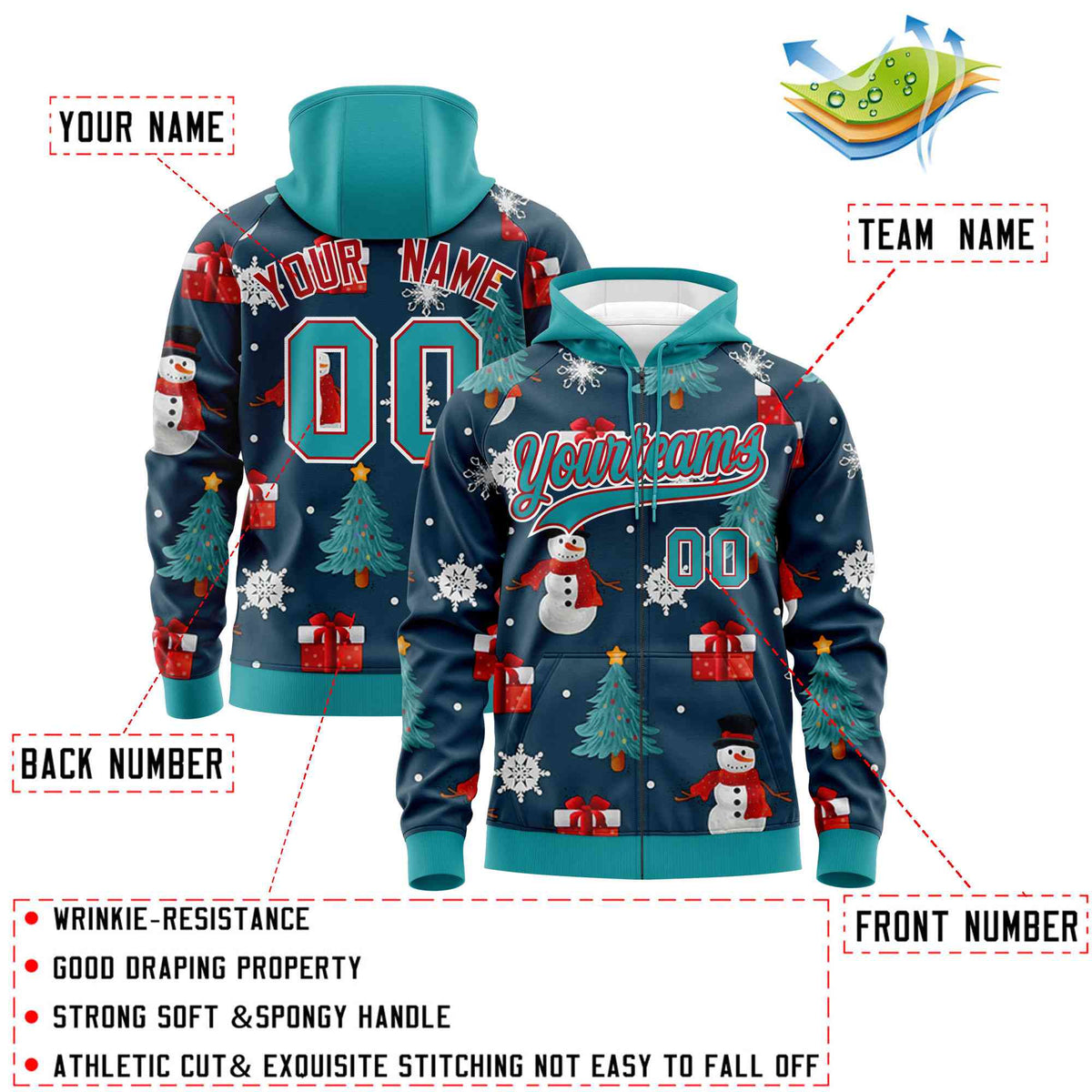 Custom Midnight Blue Aqua Christmas Graffiti Pattern Athletic Full-Zip Hoodie