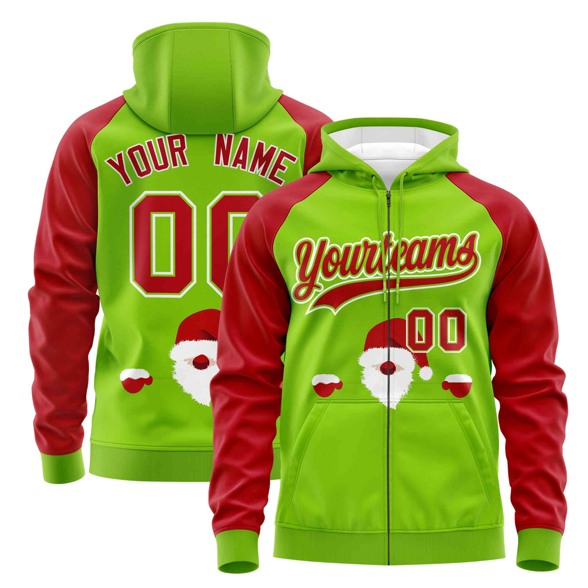 Custom Neon Green Red Christmas Graffiti Pattern Athletic Full-Zip Hoodie