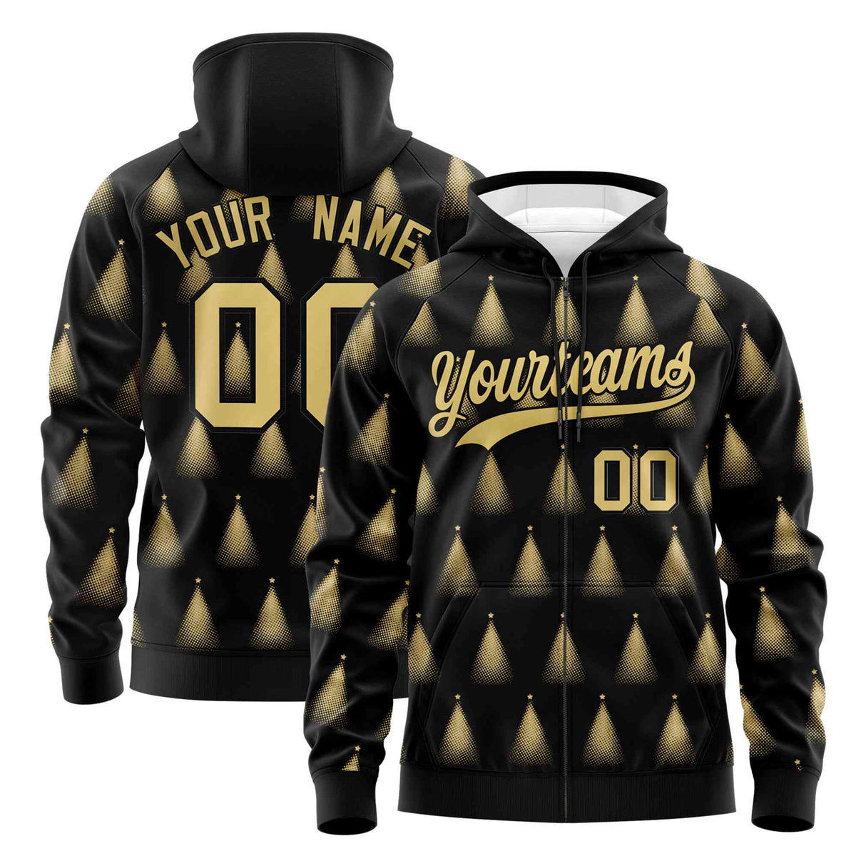 Custom Black Khaki Christmas Graffiti Pattern Athletic Full-Zip Hoodie