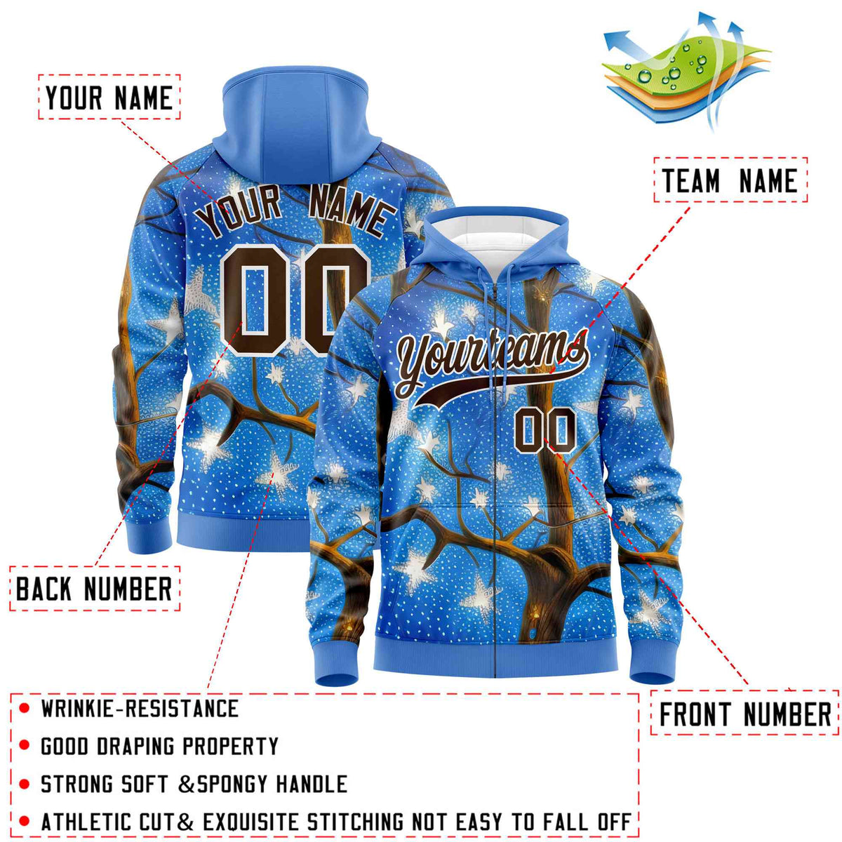 Custom Powder Blue Light Brown Christmas Graffiti Pattern Athletic Full-Zip Hoodie