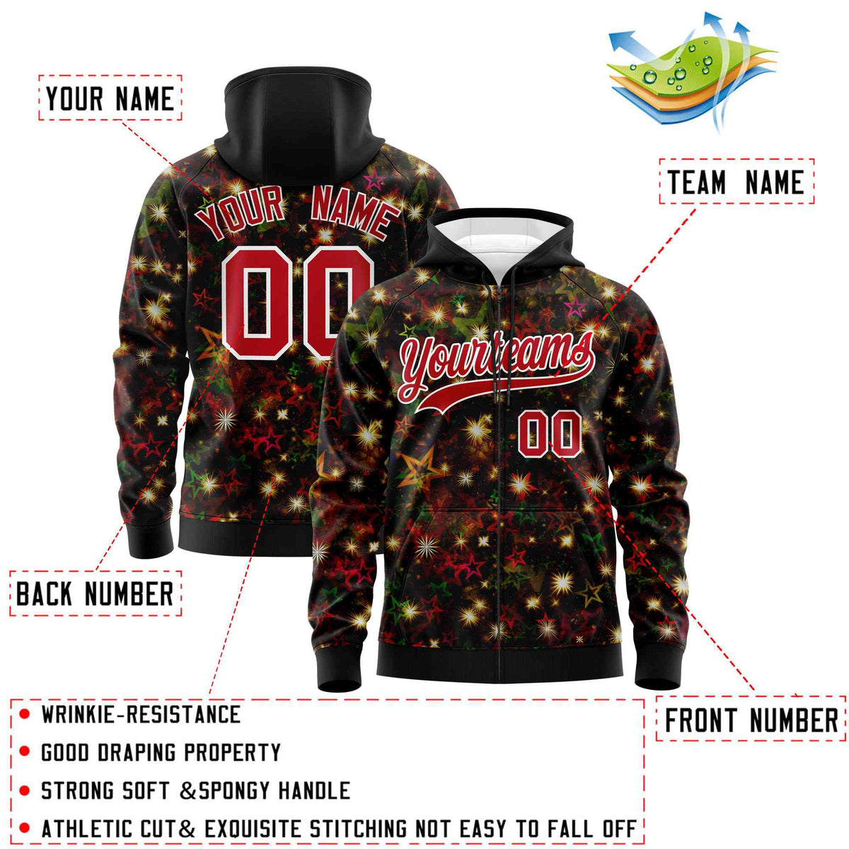 Custom Black Red Christmas Graffiti Pattern Athletic Full-Zip Hoodie