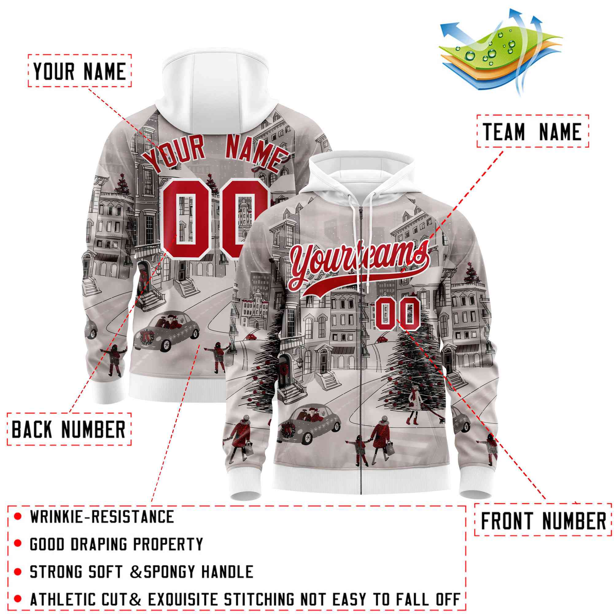 Custom White Red Christmas Graffiti Pattern Athletic Full-Zip Hoodie